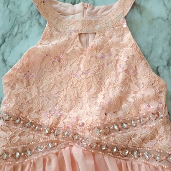 Knitworks Hi Low Halter Top Sleeveless Sequin Peach Color Dress Size 12 - Picture 3 of 13